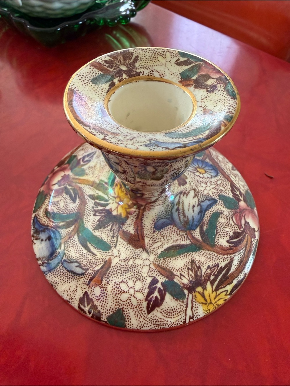 Vintage Maling Style Chintz Floral Ceramic Candlestick Holder Gilt Trim